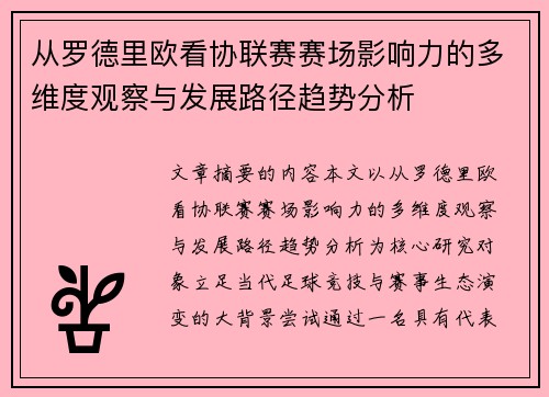 从罗德里欧看协联赛赛场影响力的多维度观察与发展路径趋势分析